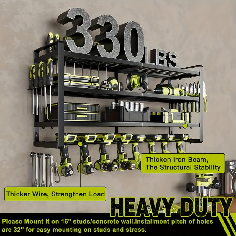Wall-Mounted Electric Tool Storage Rack - 4-Layer, 8 Drill Bit Holders - Garage & Workshop Shelf - Men's Gift - Red, Yellow, Green & Black