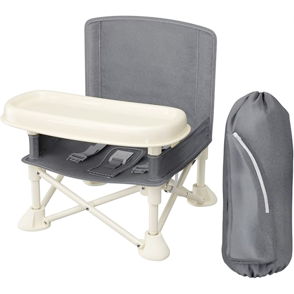 Greenwalnut Portable Foldable Kids Camp Chair & Booster Seat with Removable Tray, Safety Harness, Carry Bag, Lightweight for Camping Picnics & Outdoor Use, Beige & Grey