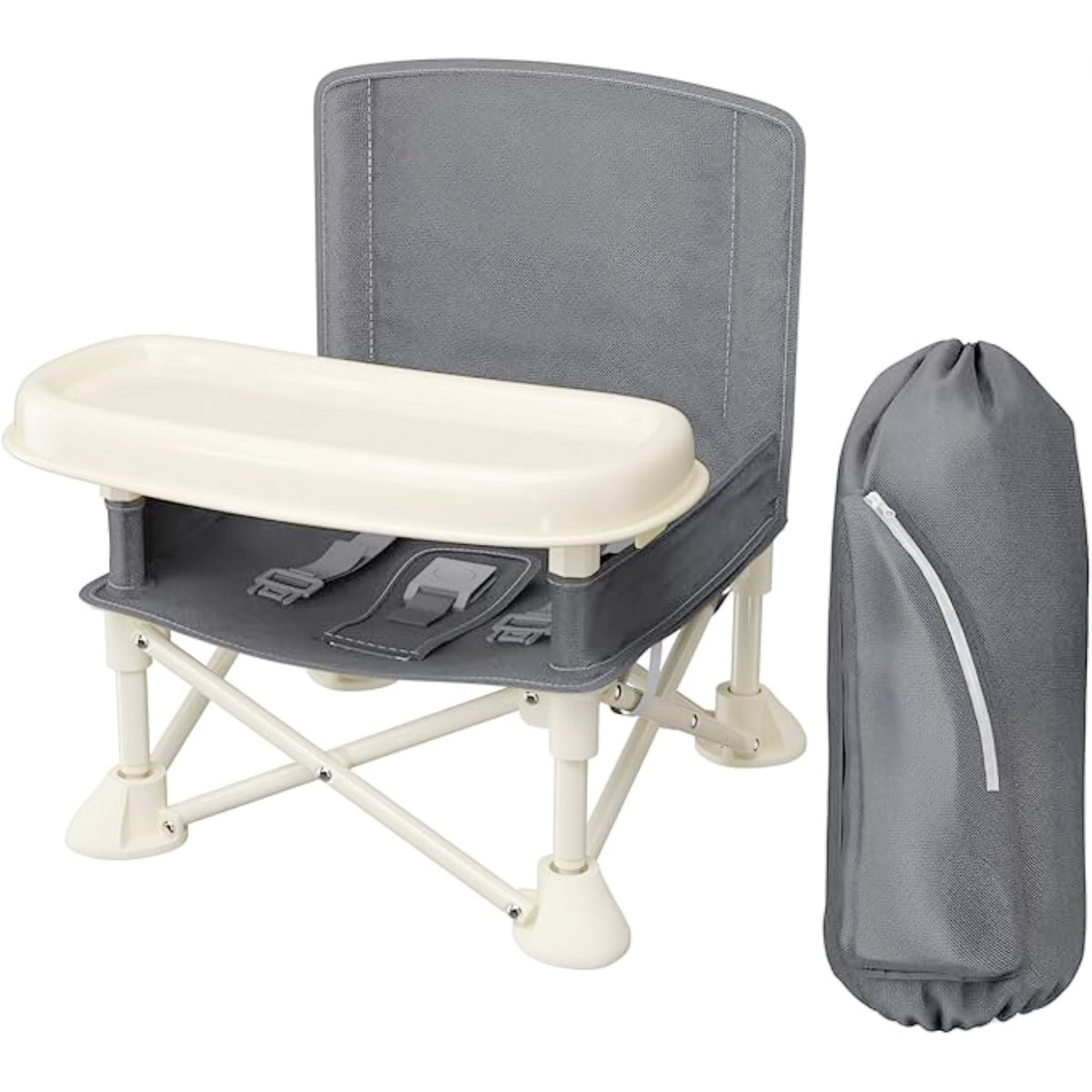 Greenwalnut Portable Foldable Kids Camp Chair & Booster Seat with Removable Tray, Safety Harness, Carry Bag, Lightweight for Camping Picnics & Outdoor Use, Beige & Grey