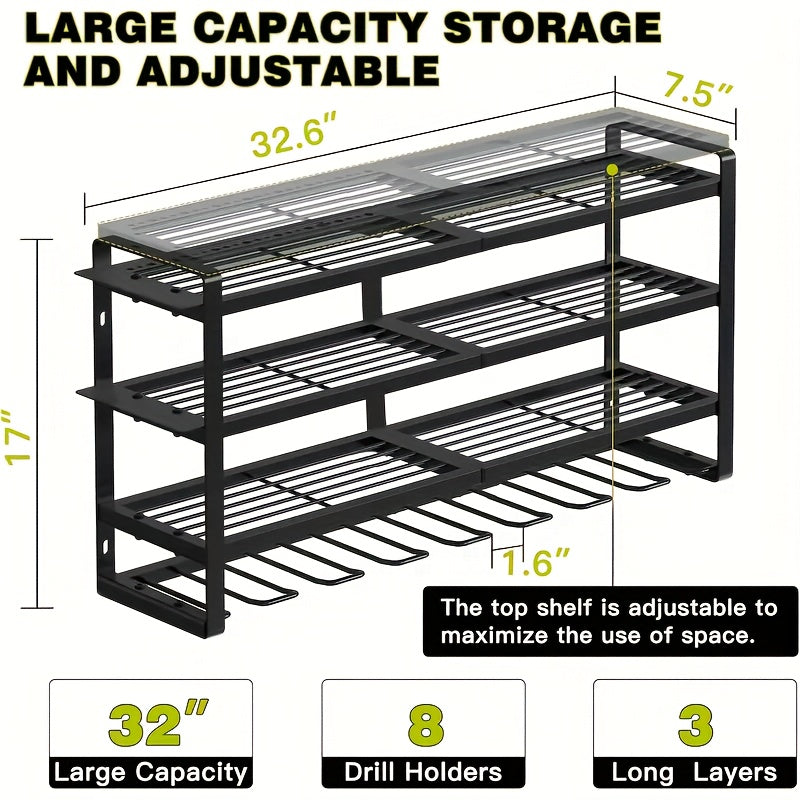 Wall-Mounted Electric Tool Storage Rack - 4-Layer, 8 Drill Bit Holders - Garage & Workshop Shelf - Men's Gift - Red, Yellow, Green & Black