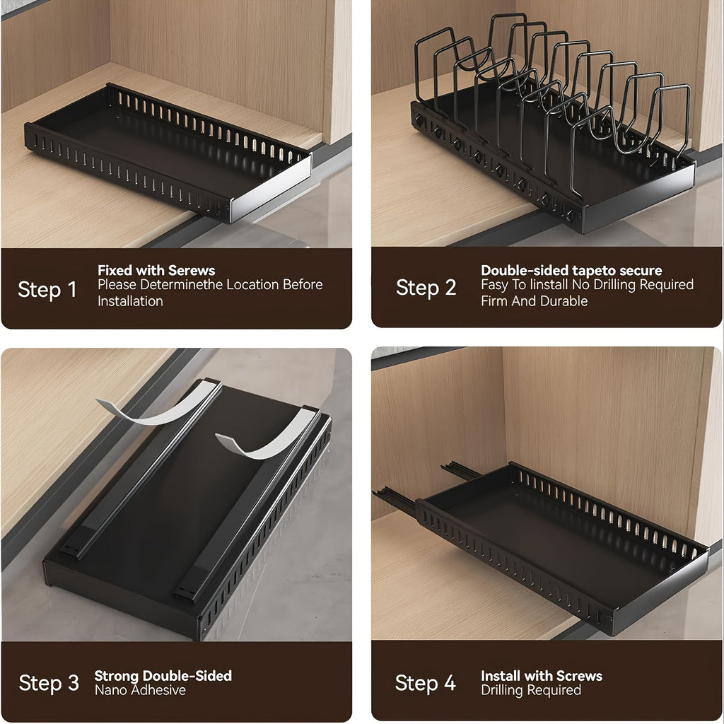 Pull-Out Pot & Pan Organizer Rack for Under Cabinet – Slide-Out Lid Holder with 8 Adjustable Compartments, Drill-Free Installation, Kitchen Cabinet Cookware & Baking Sheet Organizer – 1pc or 2pcs