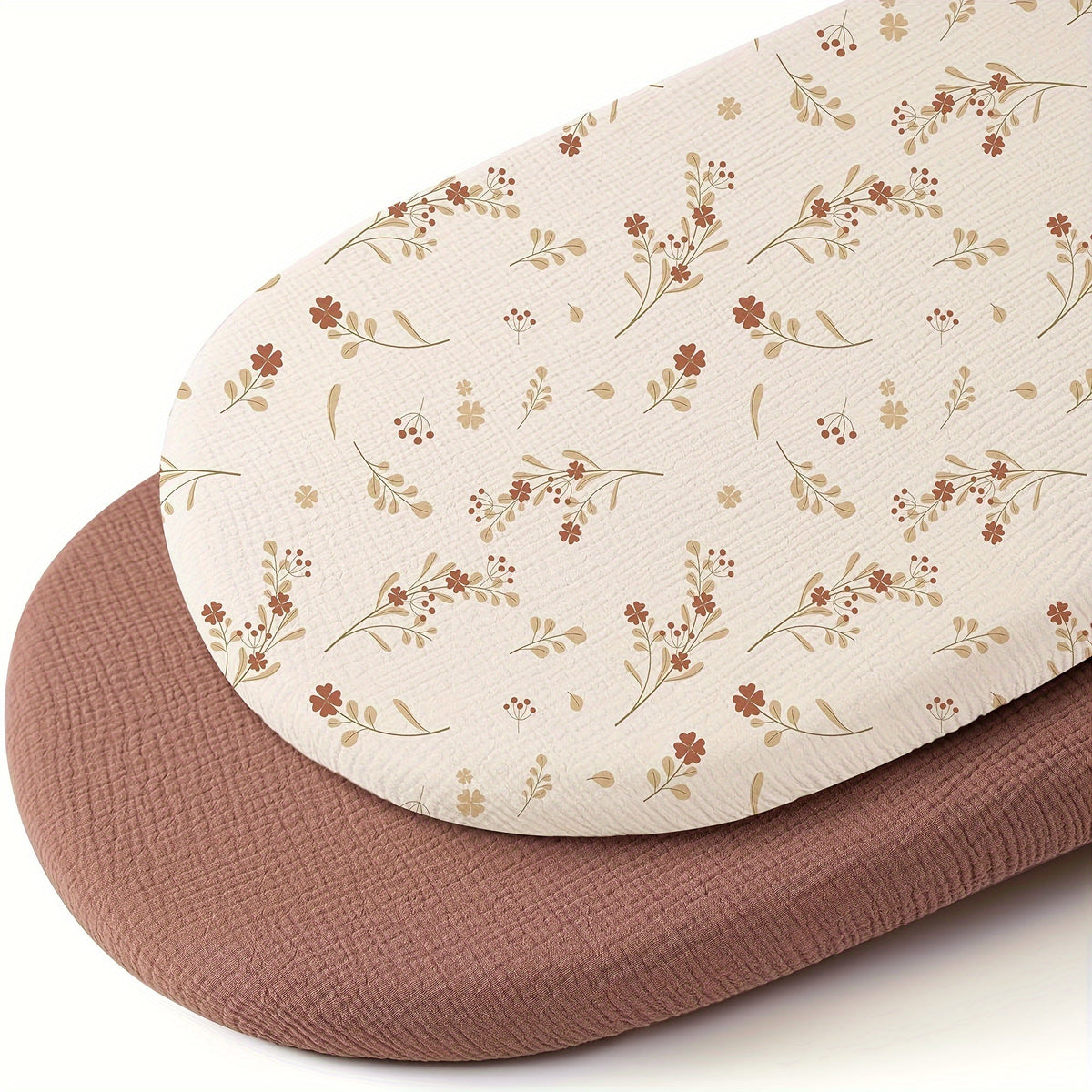 2-Pack Muslin Fitted Bassinet Sheets, Soft Breathable Baby Bassinet & Cradle Sheets for Baby Girl & Boy, Floral Pink, Chestnut Posy, Camel Sun & Brown Cream