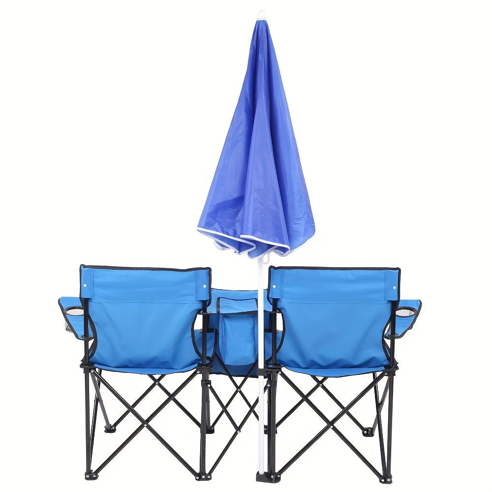2-Person Outdoor Folding Chair with Removable Sun Umbrella – Portable Loveseat Camping Chair with Armrests for Fishing, Beach, Sunbathing, and Picnics