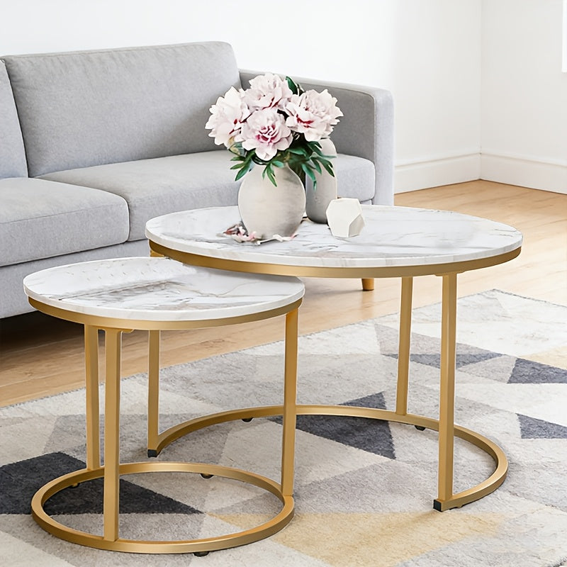 Round Nesting Side Table Set of 2 – Faux Marble & Wood Top with Metal Frame Modern Accent Tables for Living Room Bedroom in 6 Color Options
