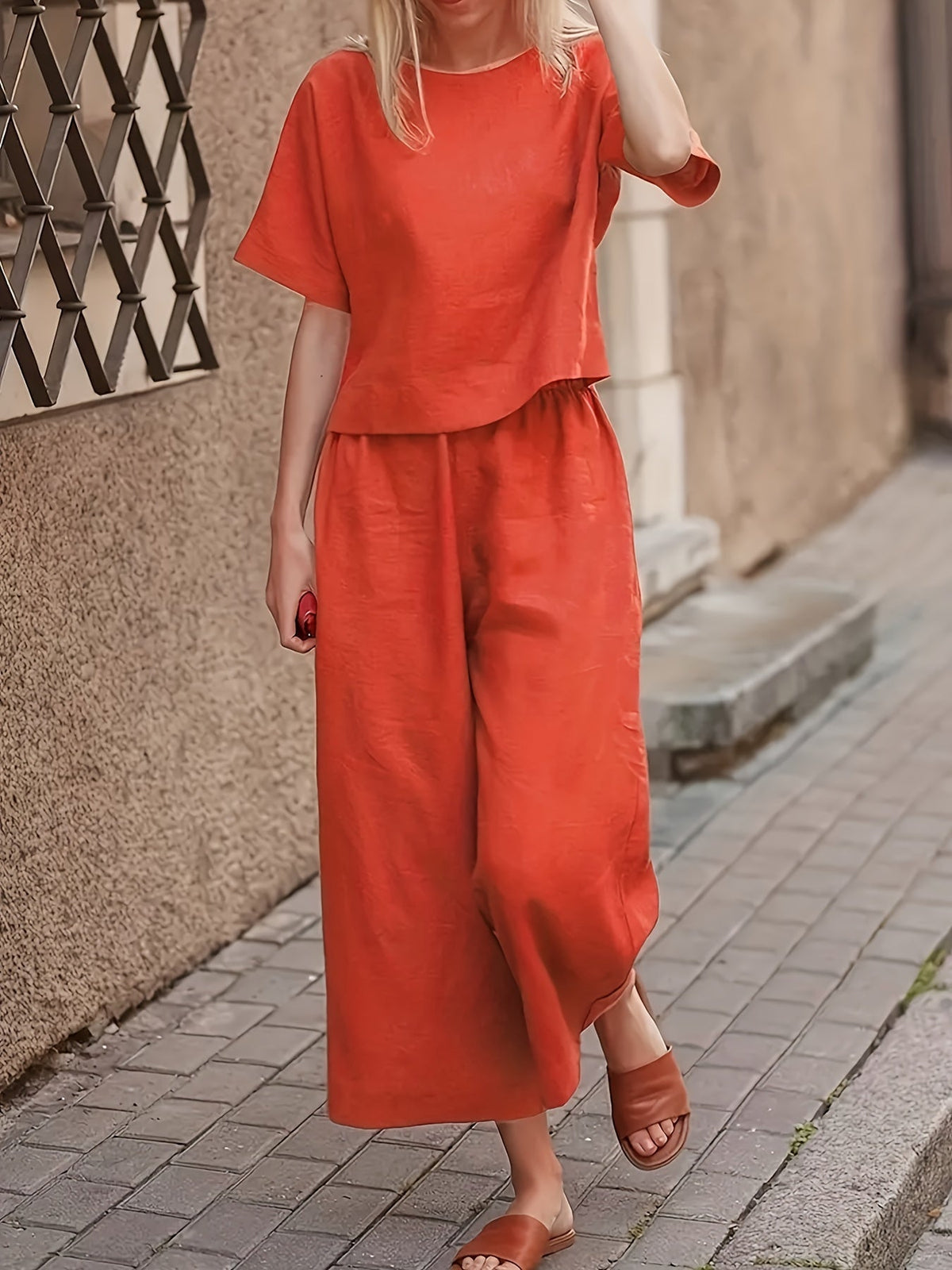 Women's 2-Piece Pantsuit Set, Casual Elegant Solid Color Crew Neck Short Sleeve Top and Wide Leg Pants, Loose Fit All-Season Outfit, S M L XL XXL