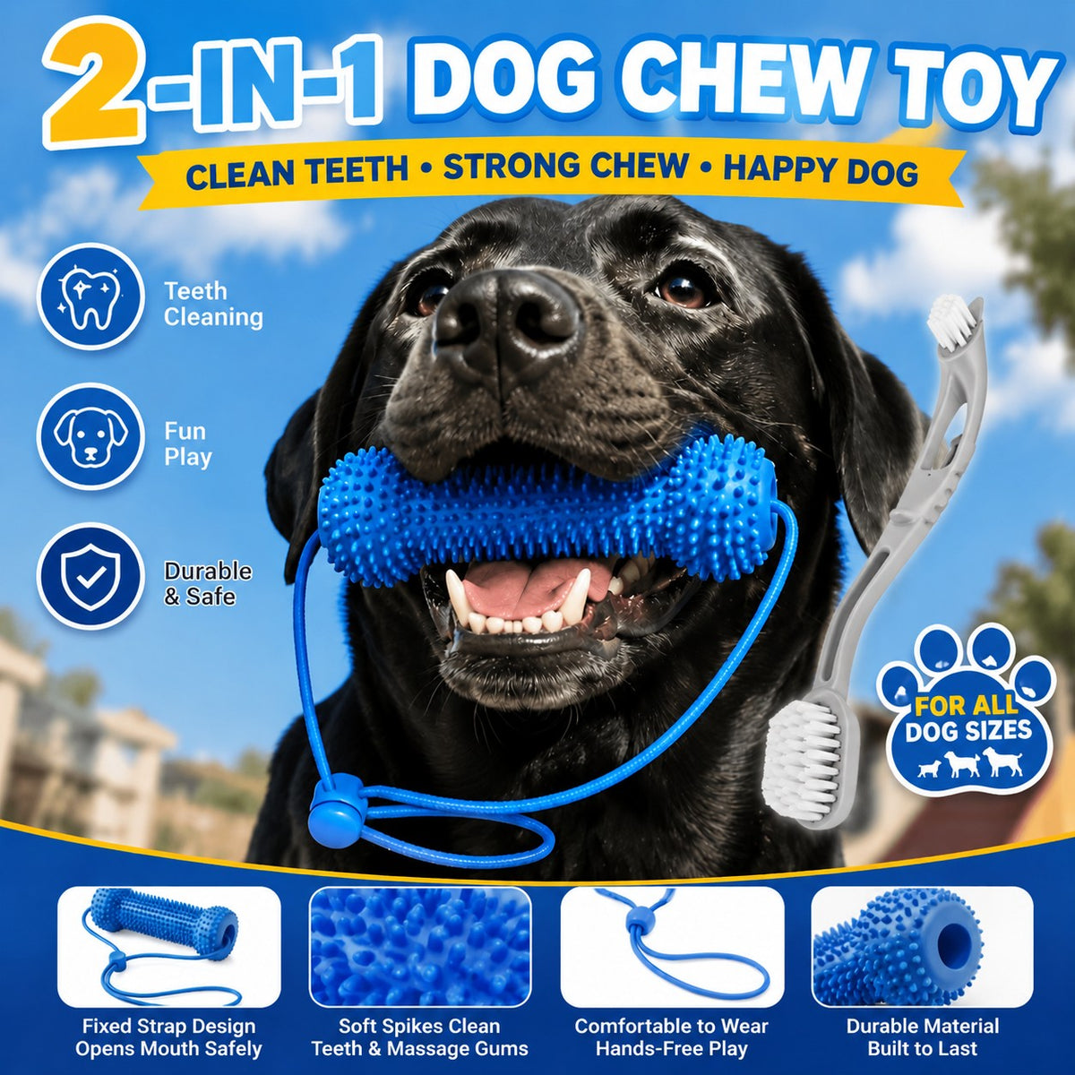 Dog Teething Chew Stick and Teeth Cleaning Brush Set 2-Pack - Durable Chewable Dog Toothbrush with Mouth-Open Strap for Easy Brushing, Dual-Purpose Dental Care Toy for Dogs, Random Color