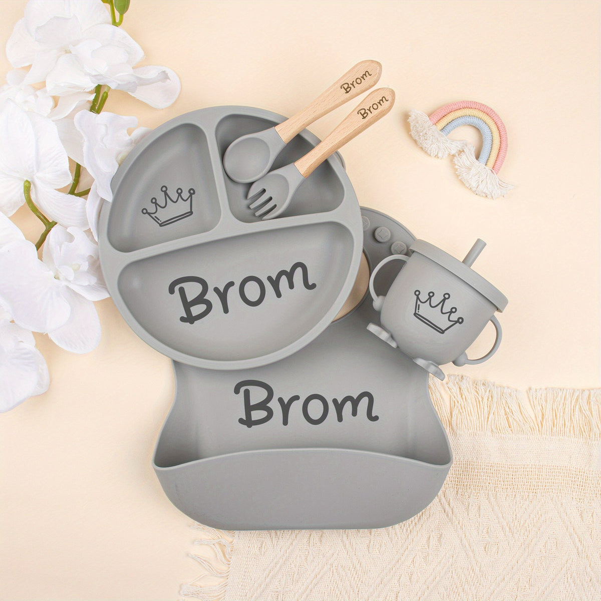 5-Piece Personalized Laser-Engraved Silicone Baby Weaning Set, Custom Name Baby Plate & Cartoon Toddler Feeding Set for Kids, Baby Shower, Christmas & Halloween Gift, Beige, Pink & Gray
