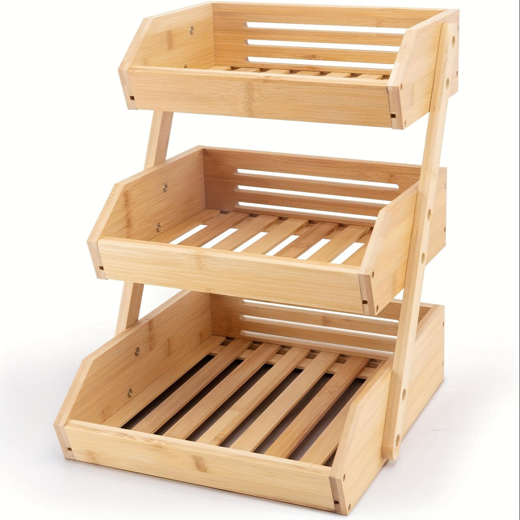 2 & 3-Tier Wooden Fruit Basket Stand - Countertop Kitchen Organizer, Open Slat Airflow Design, Banana Hooks & Non-Slip Pads - Fruits, Vegetables, Bread & Produce - Easy Assembly - Natural Wood Finish