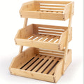 2 & 3-Tier Wooden Fruit Basket Stand - Countertop Kitchen Organizer, Open Slat Airflow Design, Banana Hooks & Non-Slip Pads - Fruits, Vegetables, Bread & Produce - Easy Assembly - Natural Wood Finish
