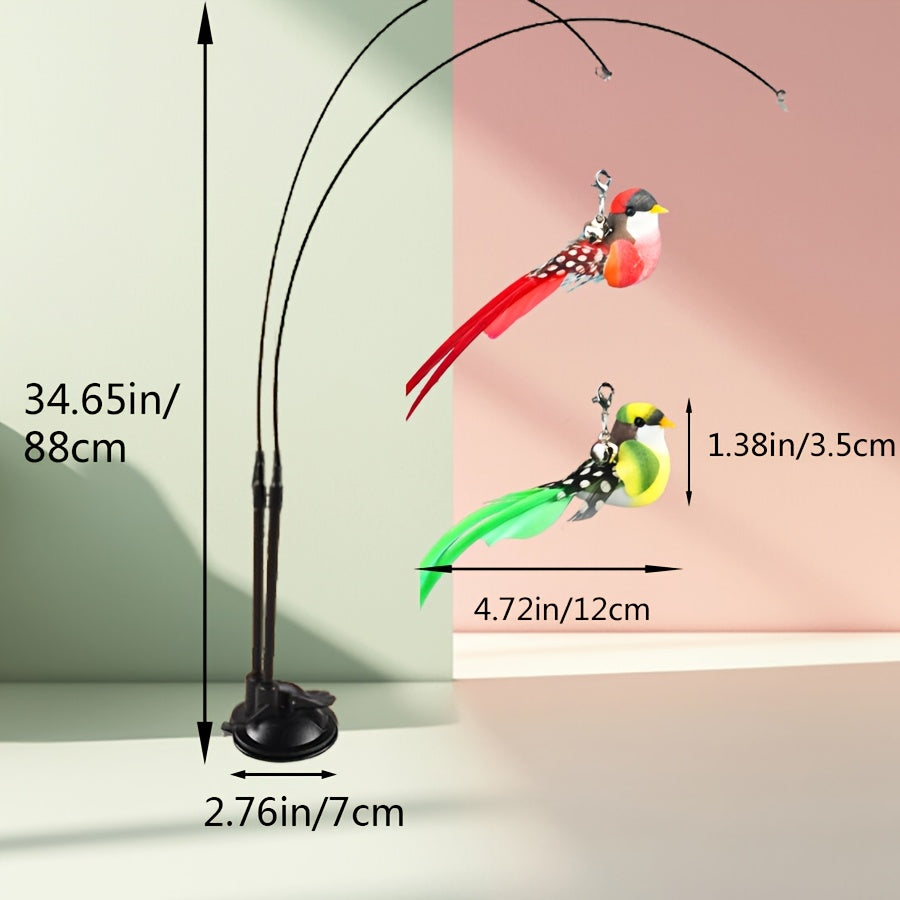 Interactive Cat Feather Bird Teaser Toy with Suction Cup Base – Hands-Free Dual-Rod Cat Wand Toy, Battery-Free Indoor & Outdoor Cat Toy, Non-Toxic Polyester, 2 Artificial Birds Included, Mixed Colors