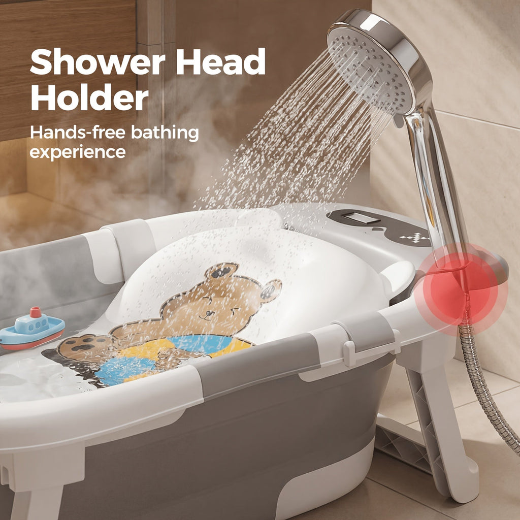 Foldable Baby Bathtub with Soft Cushion & Built-In Thermometer, Non-Slip Portable Travel Baby Bath Tub with Soft Flotation Cushion, Safe & Durable for Newborns to Toddlers, Gray