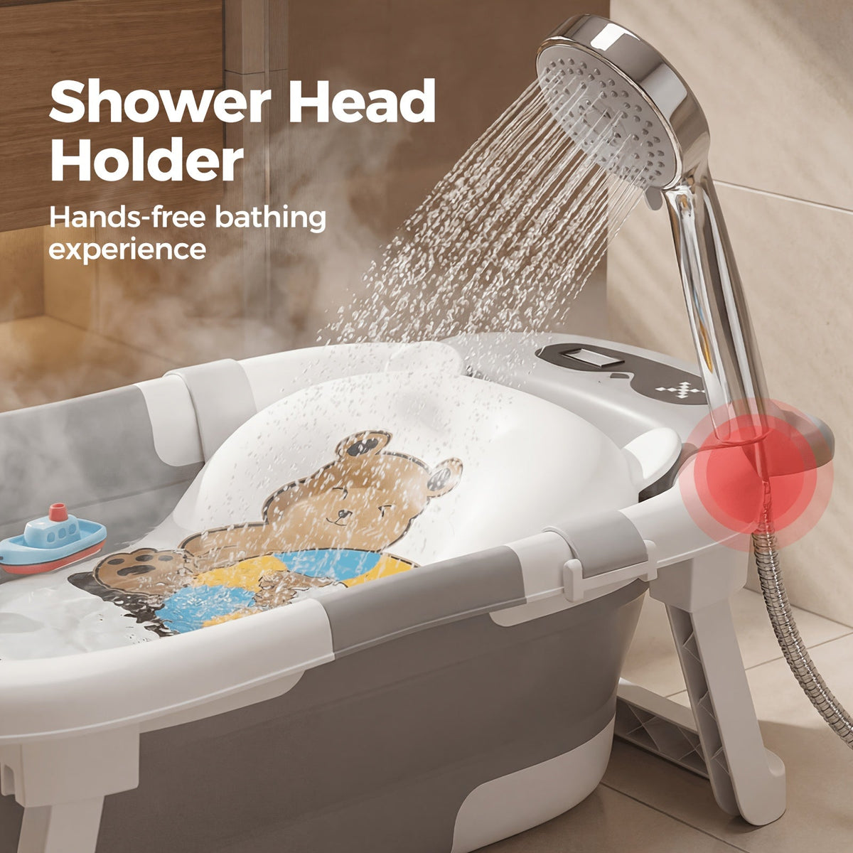 Foldable Baby Bathtub with Soft Cushion & Built-In Thermometer, Non-Slip Portable Travel Baby Bath Tub with Soft Flotation Cushion, Safe & Durable for Newborns to Toddlers, Gray