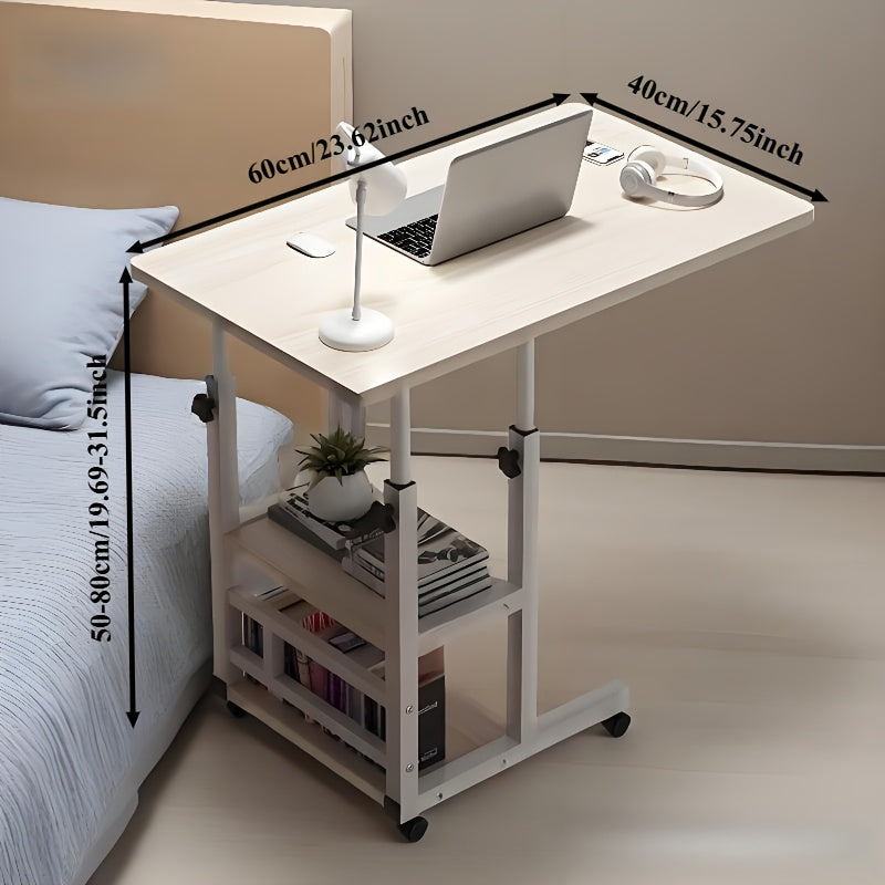 Height Adjustable Rolling Laptop Table with 4 Wheels & Dual Shelves – Mobile Workstation Desk for Bedside, Dorm, Office, and Living Room, Sturdy Steel Frame, Space-Saving Design