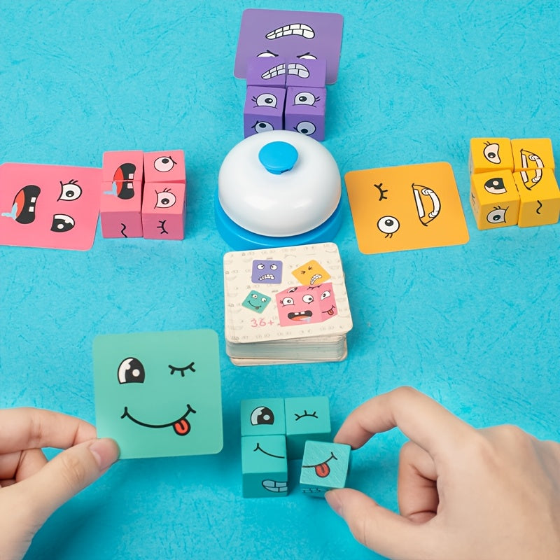 Wooden Magic Face Changing Building Blocks Set with Bell Fosters Creativity Imagination – Educational Toy for Kids Boys Girls Birthday Gift