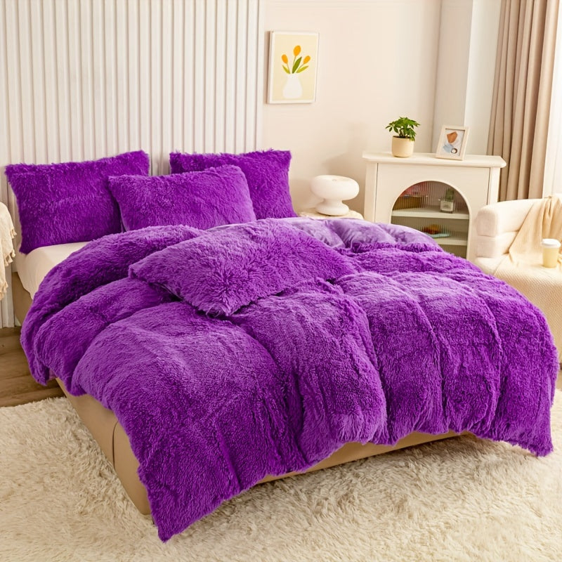 Plush Duvet Cover Set 3 Piece, Long Hair Knitted Polyester, Solid Color Fuzzy Comforter Cover with Zipper Closure, All-Season Soft Cozy Bedding Set for Bedroom, Multiple Colors Available