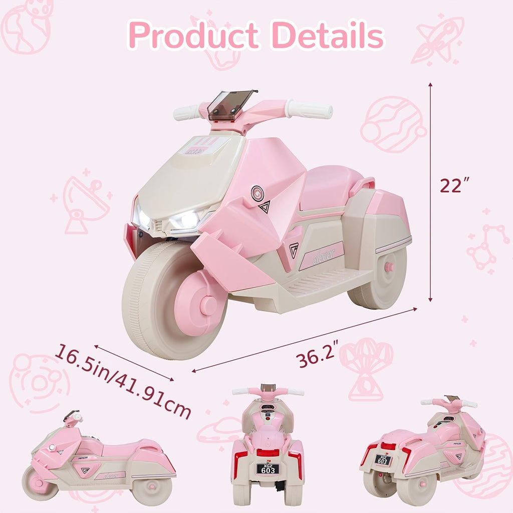 6V Kids Electric Motorcycle Battery Powered Ride-On Toy with Interstellar Lights, 3 Wheels, Safe and Stable for Boys and Girls - Birthday, Christmas, Halloween Gift (Pink, Blue, Green)