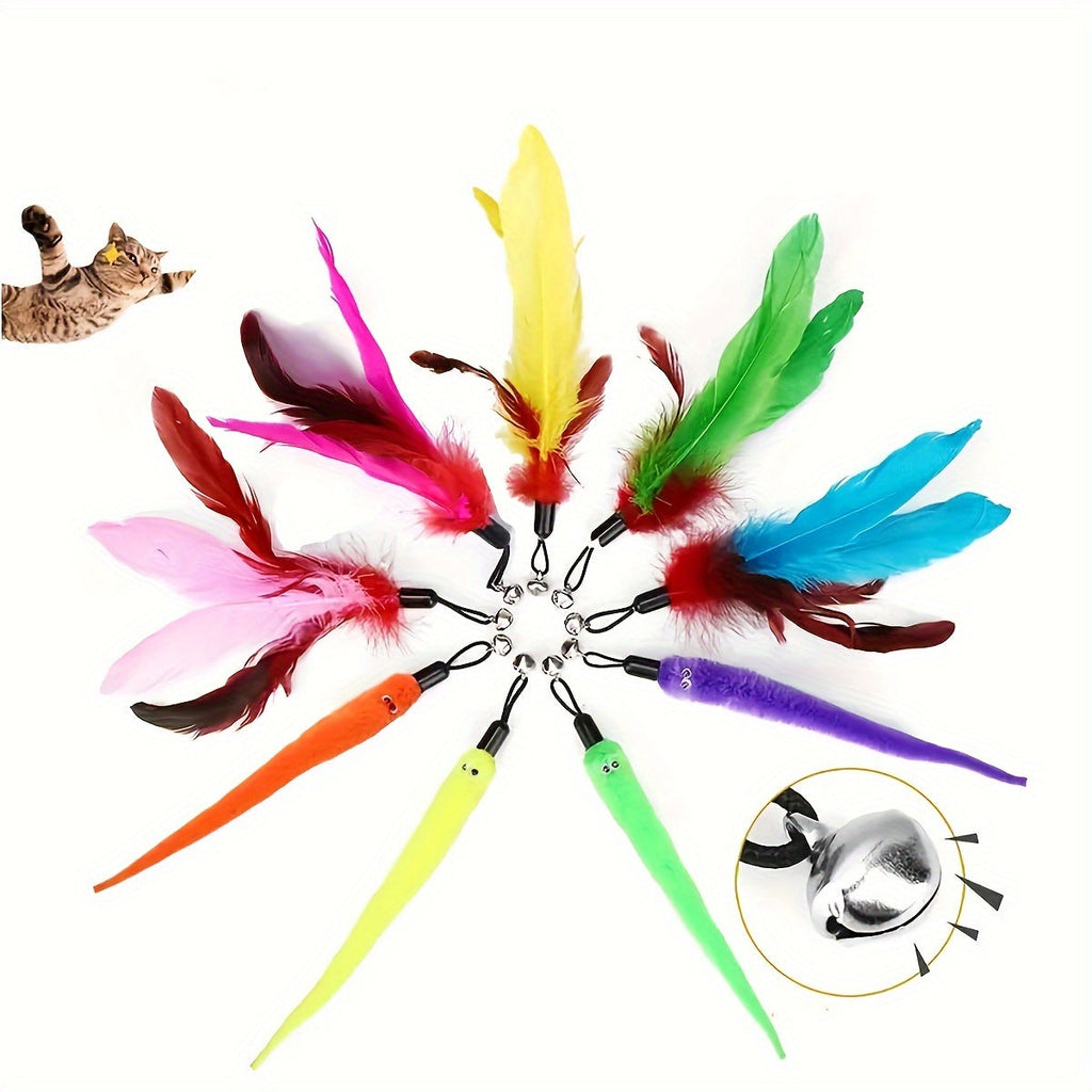 Interactive Cat Wand Toy Set: Retractable Rod with Assorted Feather Replacement Heads for Indoor Cat Exercise and Play (No Batteries Required). Available in sets of 5, 10, 15, 20, or 25 heads.