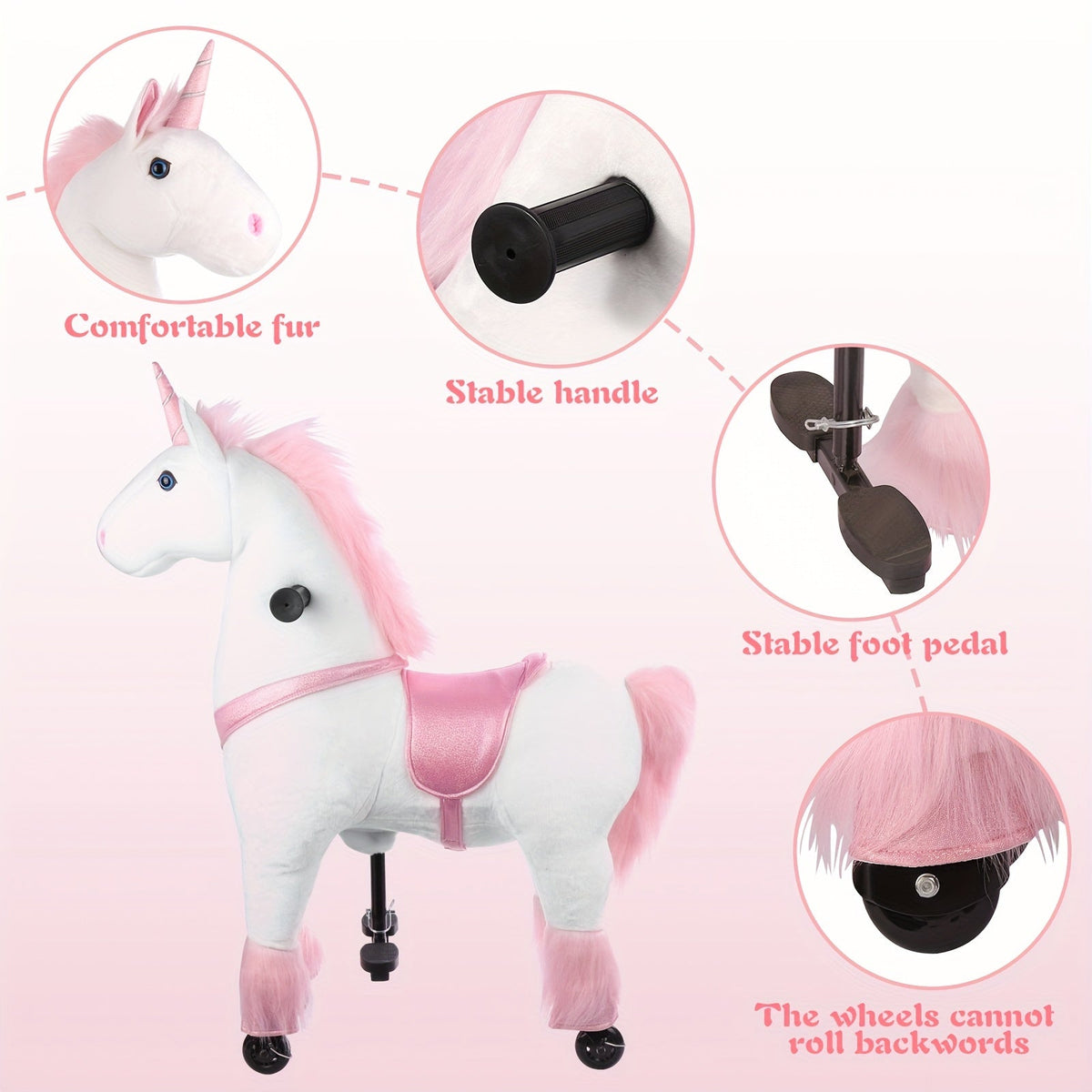 Kids Ride On Unicorn Horse Toy with Wheels, Plush Walking Animal, No Battery Required, Sizes S and M for Ages 3 to 9, Pink Unicorn, White Unicorn, Birthday Christmas Gift for Boys Girls