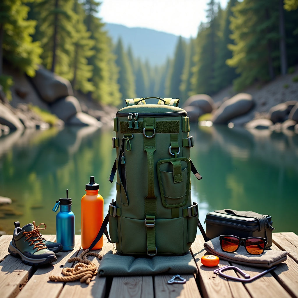 Lightweight Fishing Backpack 2-Piece Set, Waterproof Nylon Angler Daypack with Scissors Pouch, Zippered Tackle Organizer for Outdoor Hiking and Travel, Black/Army Green/Khaki