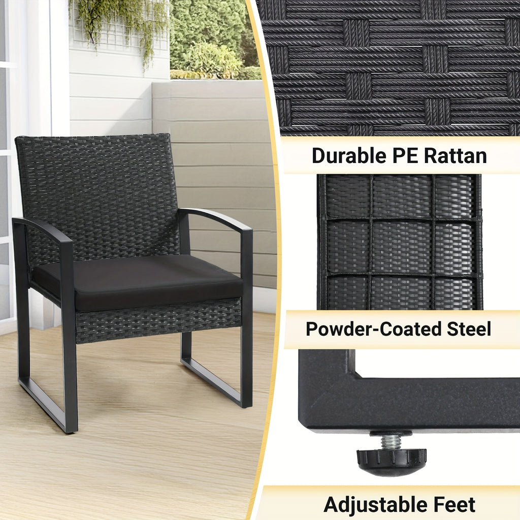 Rattan Bistro Set 3-Piece with Safety Glass Top Table & Plush Cushions – Outdoor Patio Conversation Set with 2 Chairs for Backyard, Balcony & Garden, Black Rattan Gray Black Beige Cushion – Nova Mart
