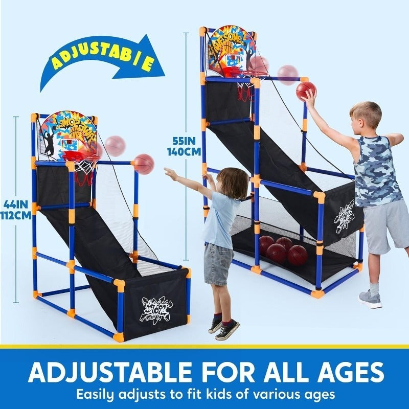 Kids Arcade Basketball Game Set with LED Lights & Electronic Scoreboard – Height Adjustable Hoop 4 Balls Air Pump Cheer Sound Indoor Outdoor