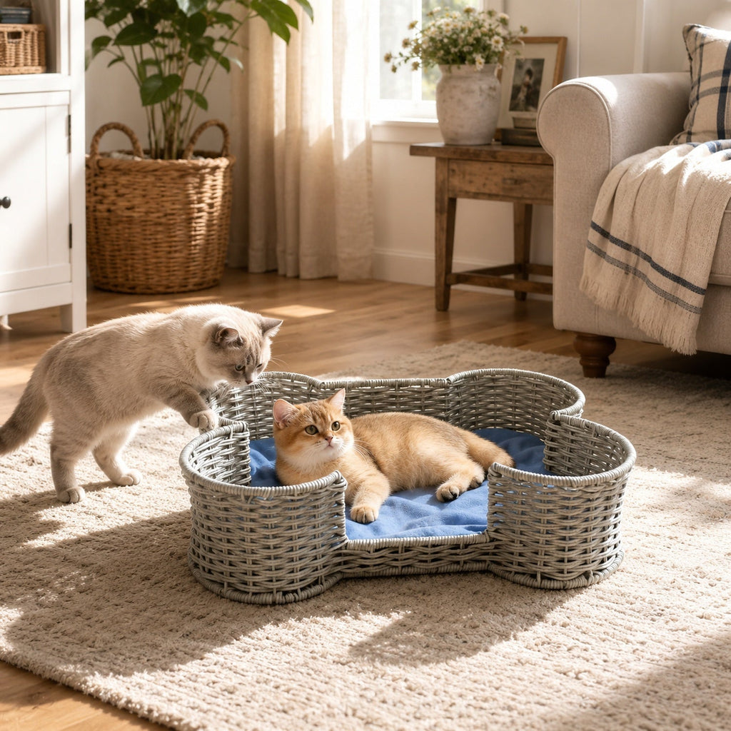 Bone Shaped Dog Toy Storage Basket – Hand-Woven Faux Rattan Pet Toy Organizer Bin for Cat & Dog Toys, Leashes & Accessories, Farmhouse Home Decor Style