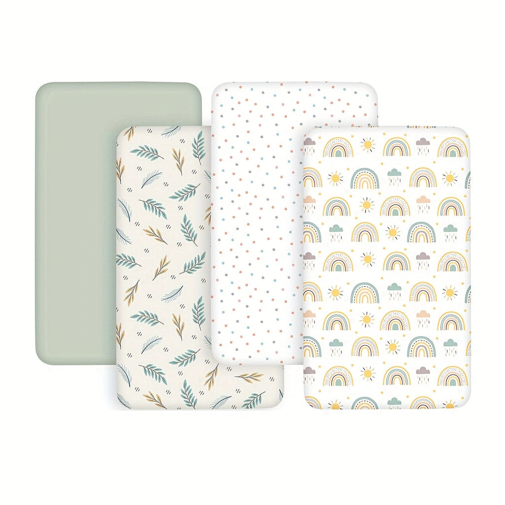 4-Piece Baby Crib & Mini Mattress Fitted Sheet Set, Soft Skin-Friendly Breathable Fabric, 20 × 33 × 4 Inches, Freely Mixable & Machine Washable, Nature Rainbow & Pink Floral Butterfly