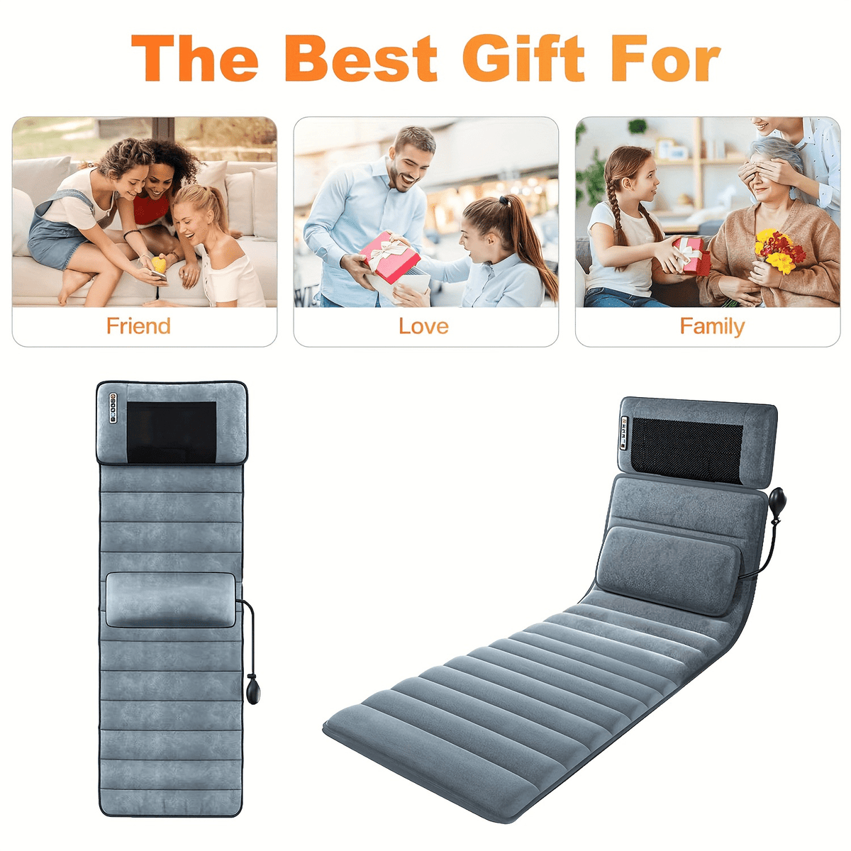 Full-Body Heated Massage Chair Flannel Fabric Neck Massager Head Pillow Lumbar Support Timer Non-Slip Base Easy Storage for Home Office & Lunch Break – Grey