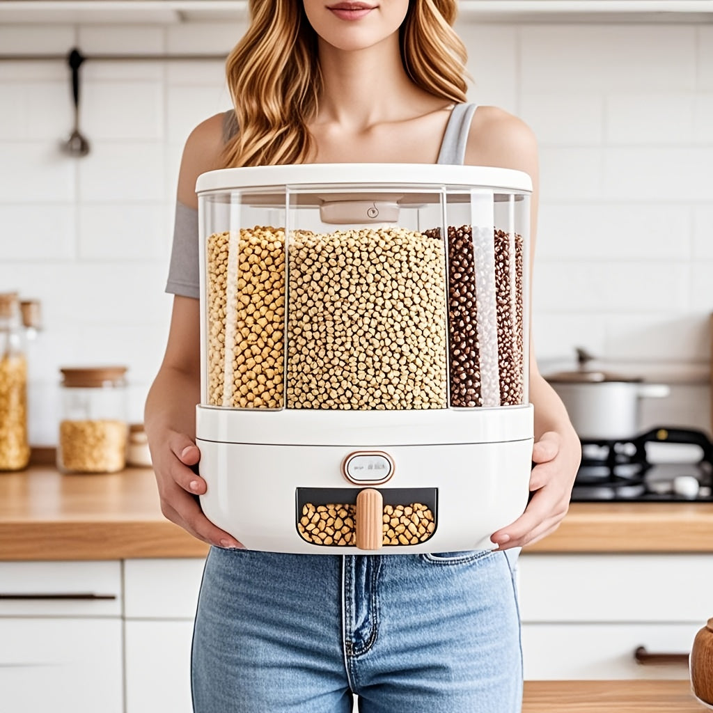 Rotating Cereal Dispenser 6-Grid Large Capacity Airtight Rice Storage Container, Moisture-Proof Insect-Proof Grain Dispenser with Transparent Window & Press Button, Food-Grade PP for Rice, Grains, and Flour