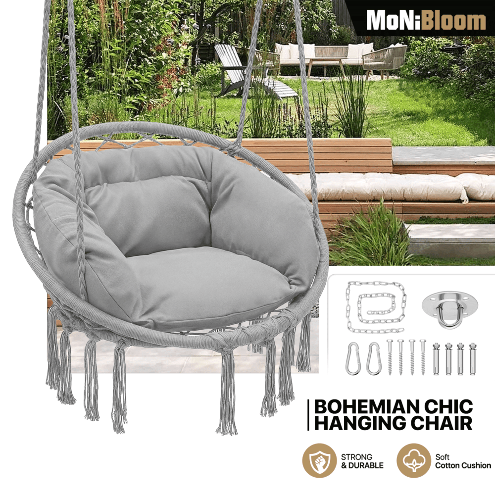 Hanging Hammock Macrame Swing Chair with Cushion – 350 LB Capacity Boho Hammock Chair for Adults & Teens Backyard Patio Reading Relaxing in Black Beige & Gray