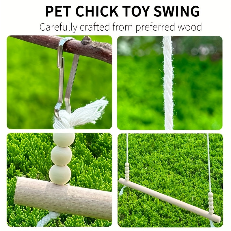 Wooden Chicken Swing Toy, Natural Handmade Tangle-Free Bird Stand with Elastic Rope Beads for Chickens, Ducks, Parrots, Poultry, Farmhouse Coop Accessory, Large and Durable
