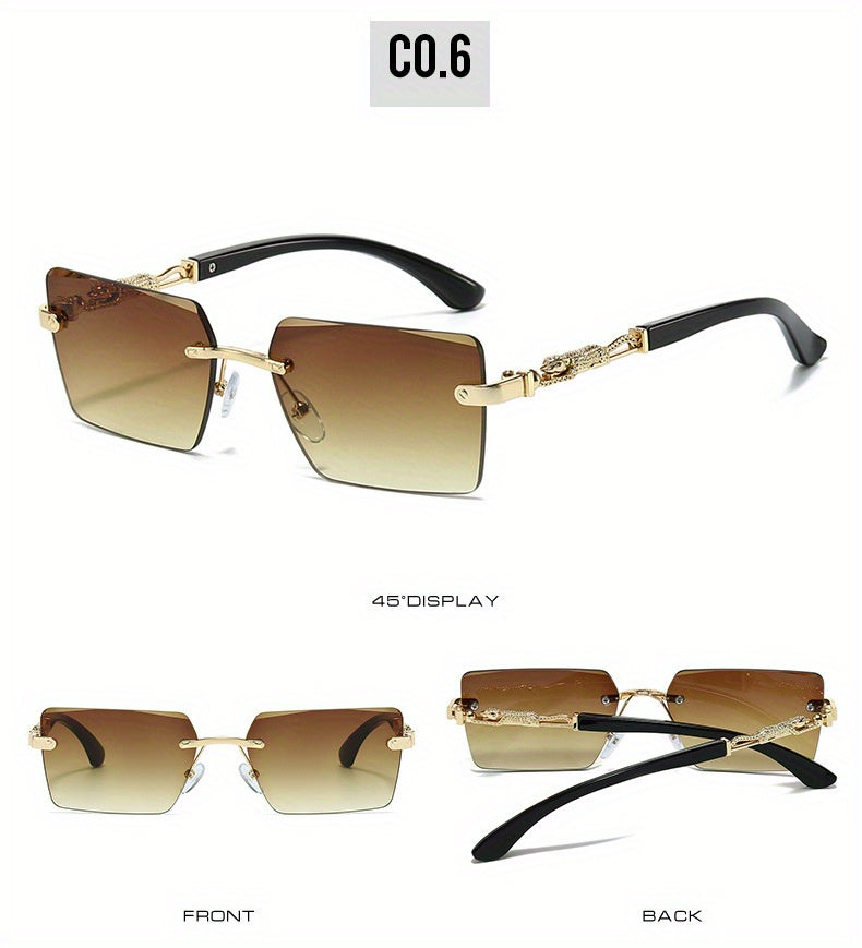 Unisex Rimless Leopard Sunglasses - UV400 Narrow Rectangular Frameless Shades in Black & Gold, Premium Fashion Eyewear for Men & Women, Includes Case & Cloth, Great for Parties, Travel & Festivals