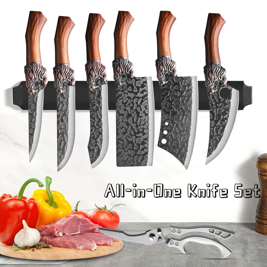 7-Piece Professional Chef Knife Set - Hand-Forged Damascus-Style Blade, Brown Wood Handle, Ergonomic Grip - Chef, Boning, Fish, Butcher Knife + Scissors - Meat, Fish, Vegetables & Fruits - Home & Professional Kitchen Gift
