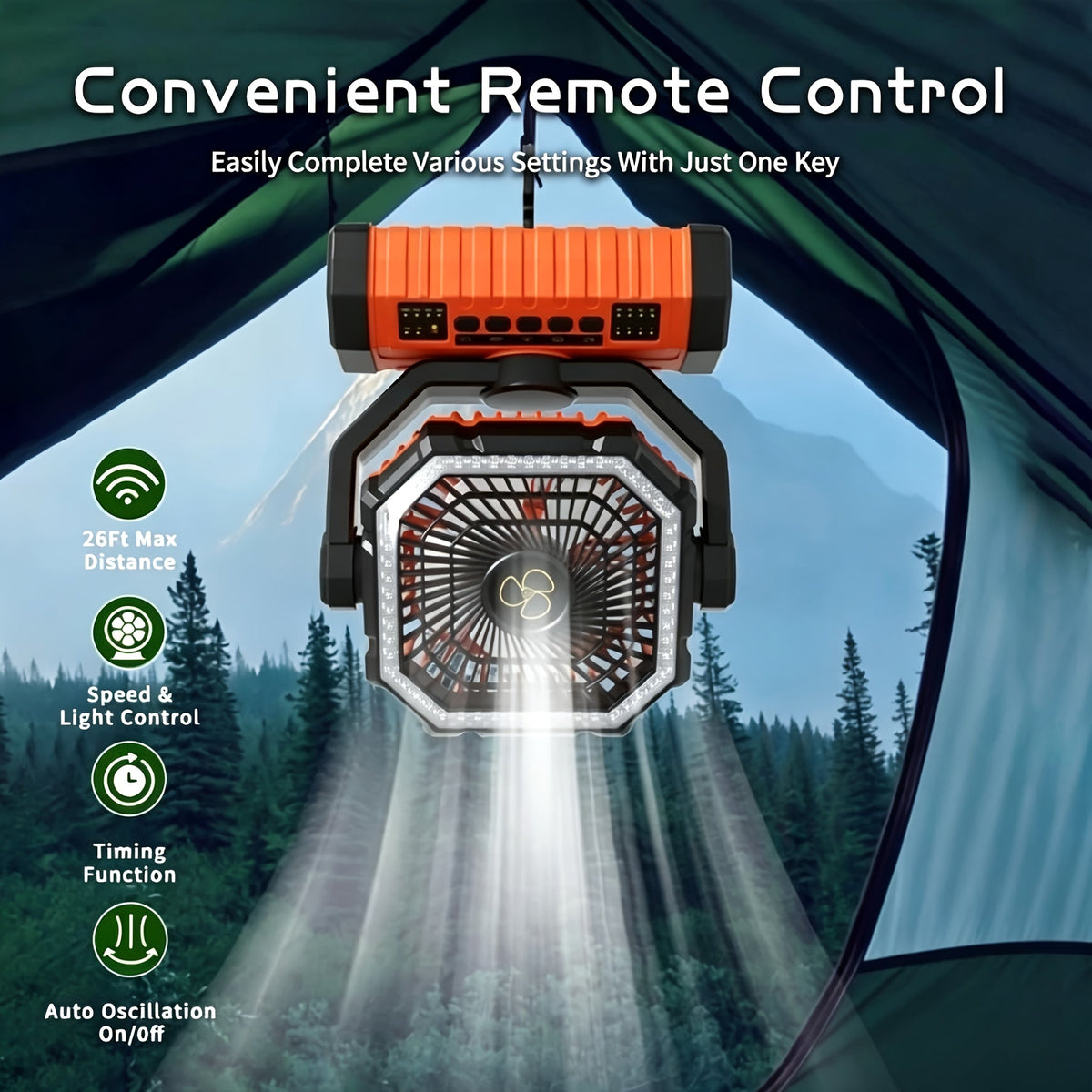 20000mAh Camping Fan with LED Lantern, Rechargeable Oscillating Fan with 4 Speeds and Timer – Portable Tent Fan for Outdoor Camping, RV, Jobsite, and Power Outages