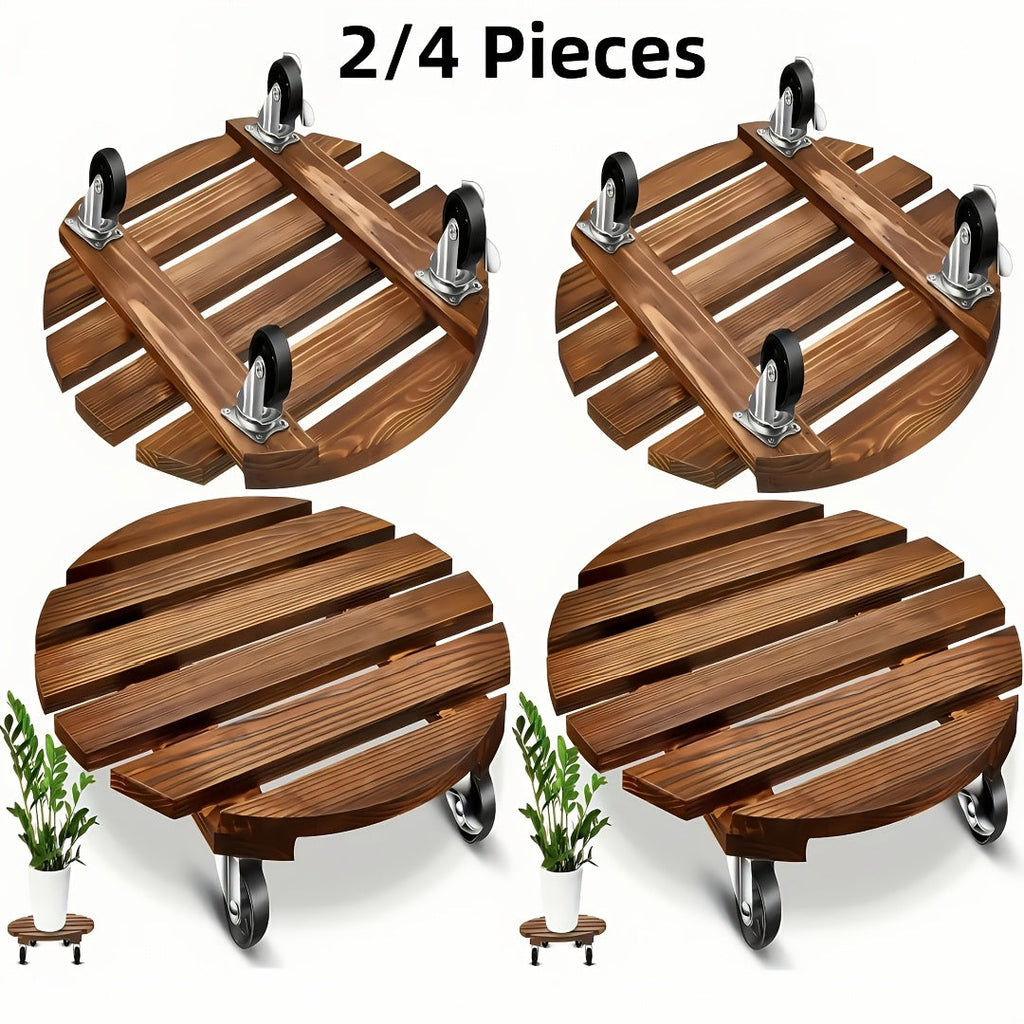 Acacia Wood Rolling Plant Caddy - 15.7" Round Plant Stand with 360° Lockable Wheels, 360 lb Capacity, Pre-Assembled, Indoor & Outdoor - 2-Pack or 4-Pack