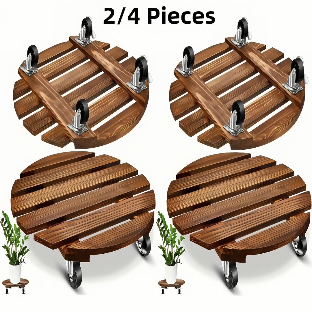 Acacia Wood Rolling Plant Caddy - 15.7" Round Plant Stand with 360° Lockable Wheels, 360 lb Capacity, Pre-Assembled, Indoor & Outdoor - 2-Pack or 4-Pack