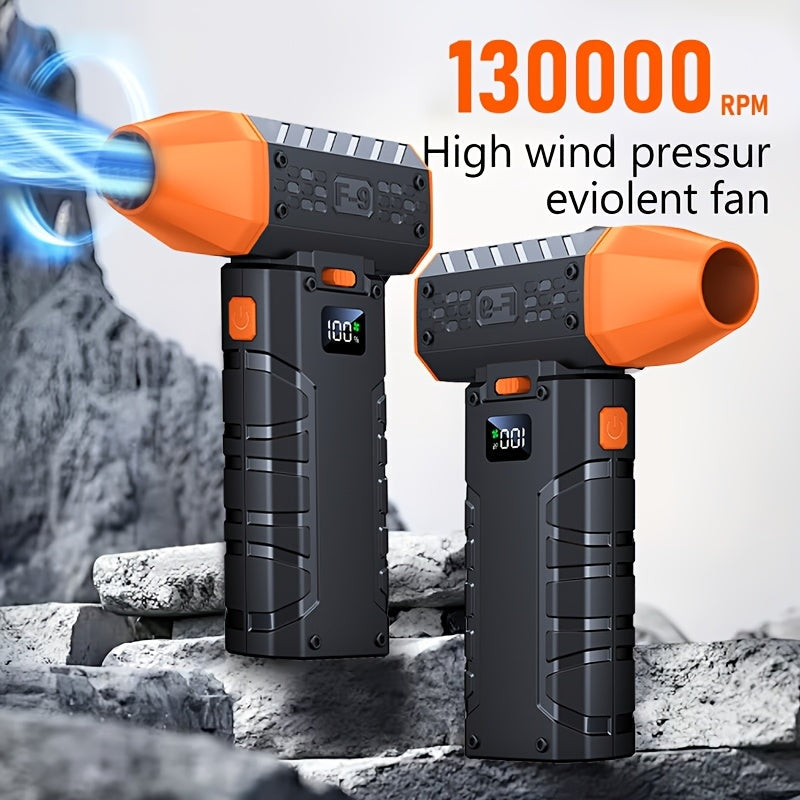 130,000 RPM Turbo Fan Blower with USB-C Fast Charging, Smart Display & LED Light – 100 Wind Speed Settings for Car Cleaning, Dust Removal, Leaf Blowing, BBQ & Cooling – Black & Orange