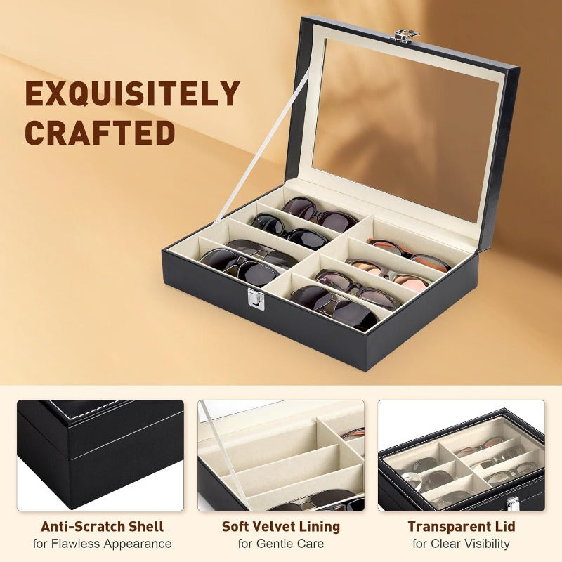 8-Slot PU Leather Eyeglasses Storage Case – Large Capacity Glasses Organizer Box for Sunglasses and Reading Glasses, Luxury Household Collection Display Case in Black, White, and Green