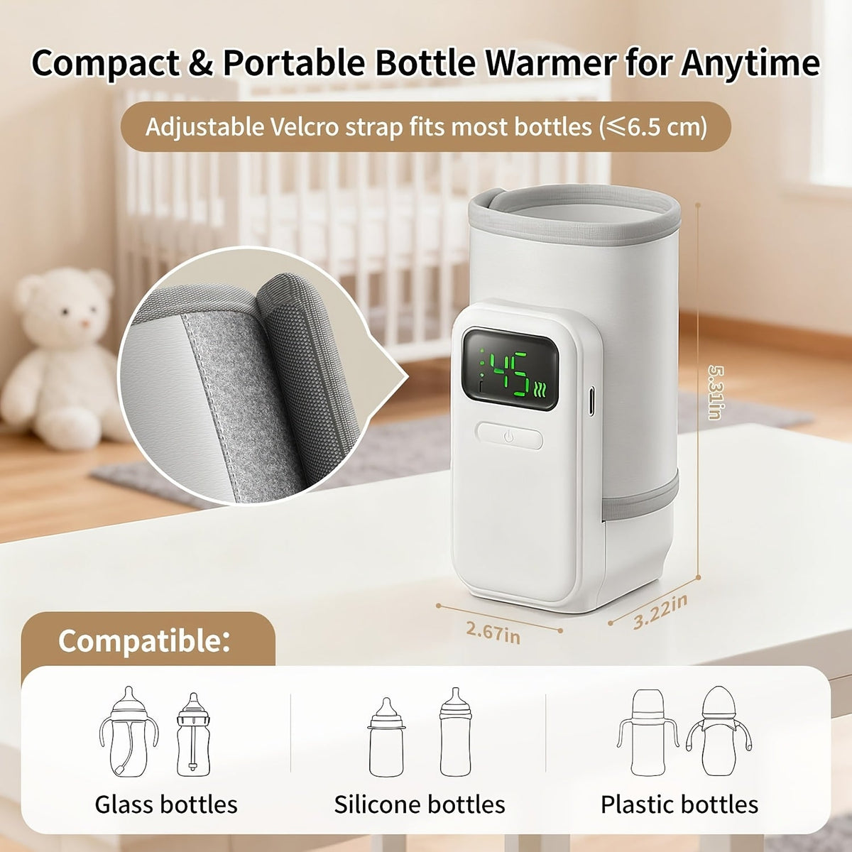 Rechargeable Portable Travel Bottle Warmer, 5000mAh Battery, 6 Temperature Settings, Even Heating & Digital Display, Universal Fit for Breast Milk & Formula, Home & Outdoor Use, White