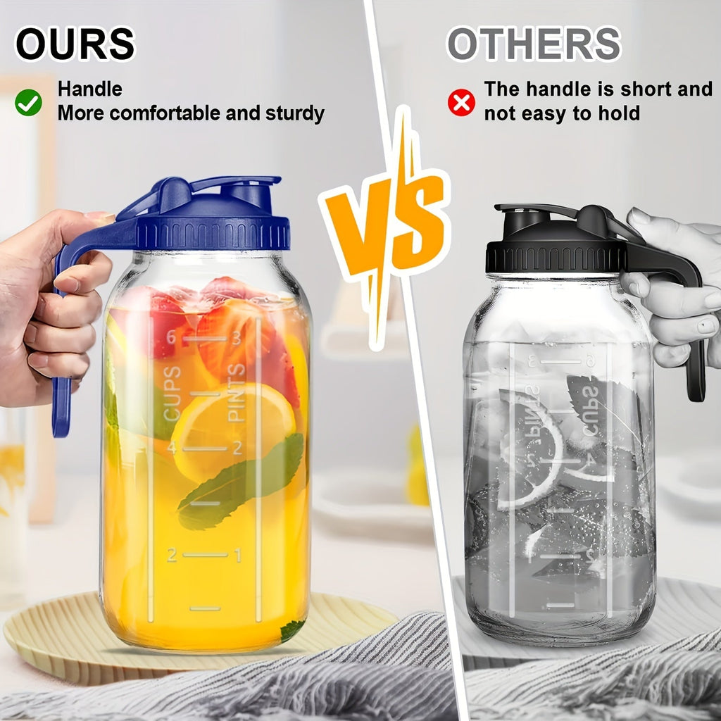 64oz Mason Jar with Handle & Lid – BPA-Free High Borosilicate Glass Beverage Carafe, Leak-Proof, 2/3 Pack, for Sports, Outdoor, Juice, Water, Kombucha, Holiday Gift