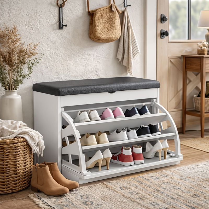 Compact Shoe Cabinet Storage Stool with Thickened Cushion & Hidden Storage Space for Entryway Corridor Living Room & Door – White or Wood