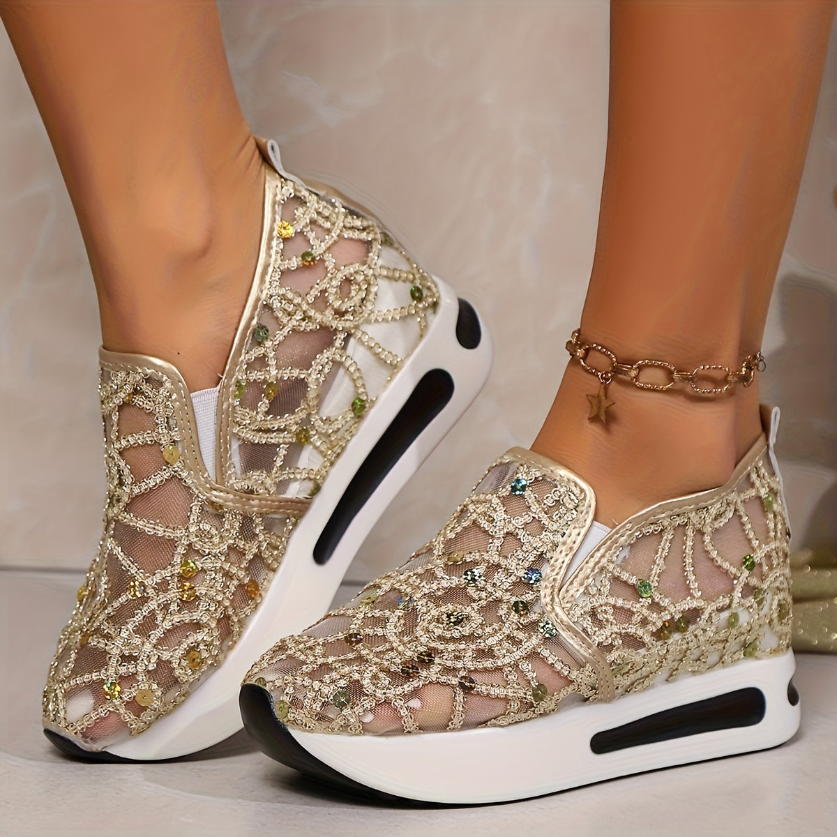Women's Glitter Sneakers Thick-Heeled Height-Increasing – Breathable Mesh Perforated Shock-Absorbing PU Sole All-Season Casual Sports Shoes, 3 Colors, US Sizes 6–11.5