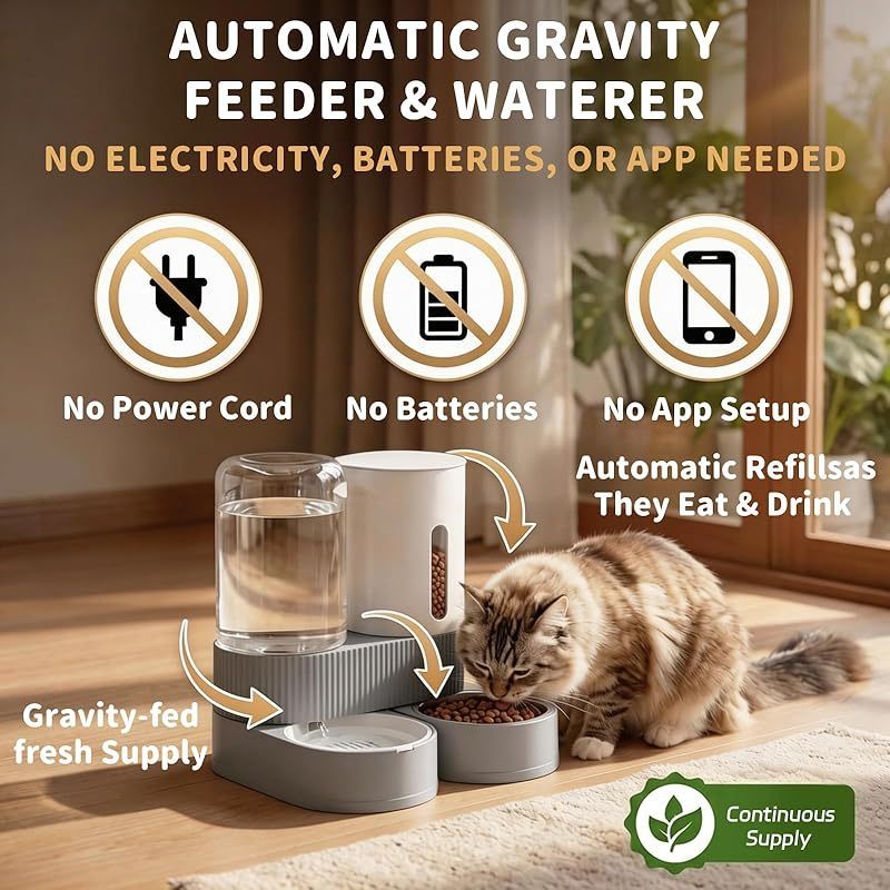 Gravity Cat Feeder 2 Pack - Automatic Food Feeder and Water Dispenser Set with Detachable Pet Bowl & Silicone Mat for Cats, Small to Medium Dogs, Large Capacity Gravity-Fed No Electricity Needed Pet Feeding Station