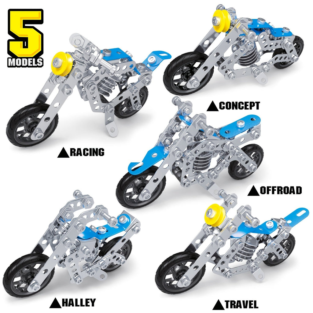 Metal Erector Set Motorcycle STEM Building Kit, 139 Pieces for Kids Age 8+, 5-in-1 Multi-Shape Motorbike Construction Model Toy, STEAM Educational Engineering Gift for Boys Girls Teens