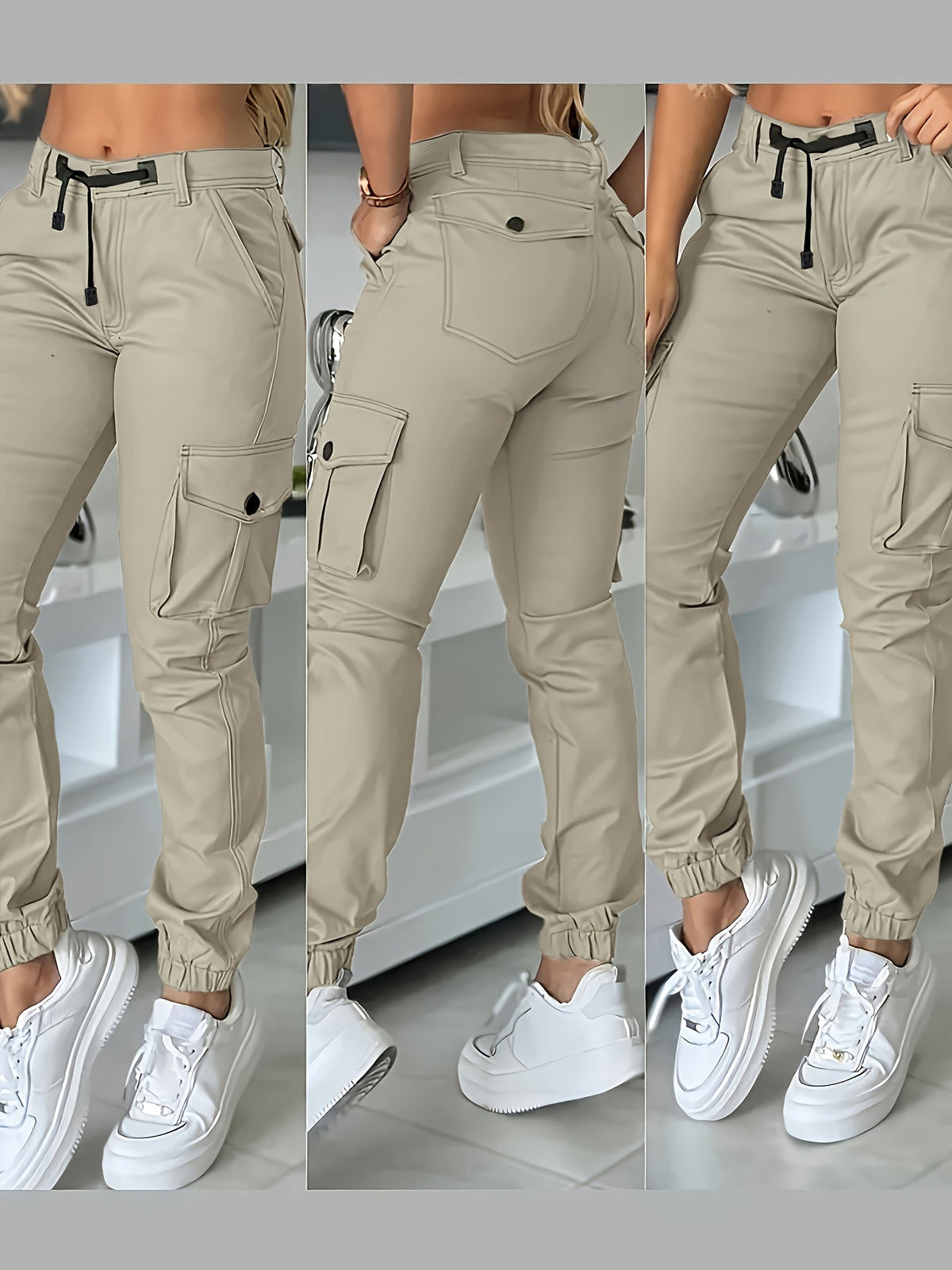 Women's High-Waist Cargo Joggers Ankle-Length Pants with Drawstring and Pockets, Slim-Fit Casual Trousers for Spring and Autumn, Black/Khaki/Grey, XS-XL