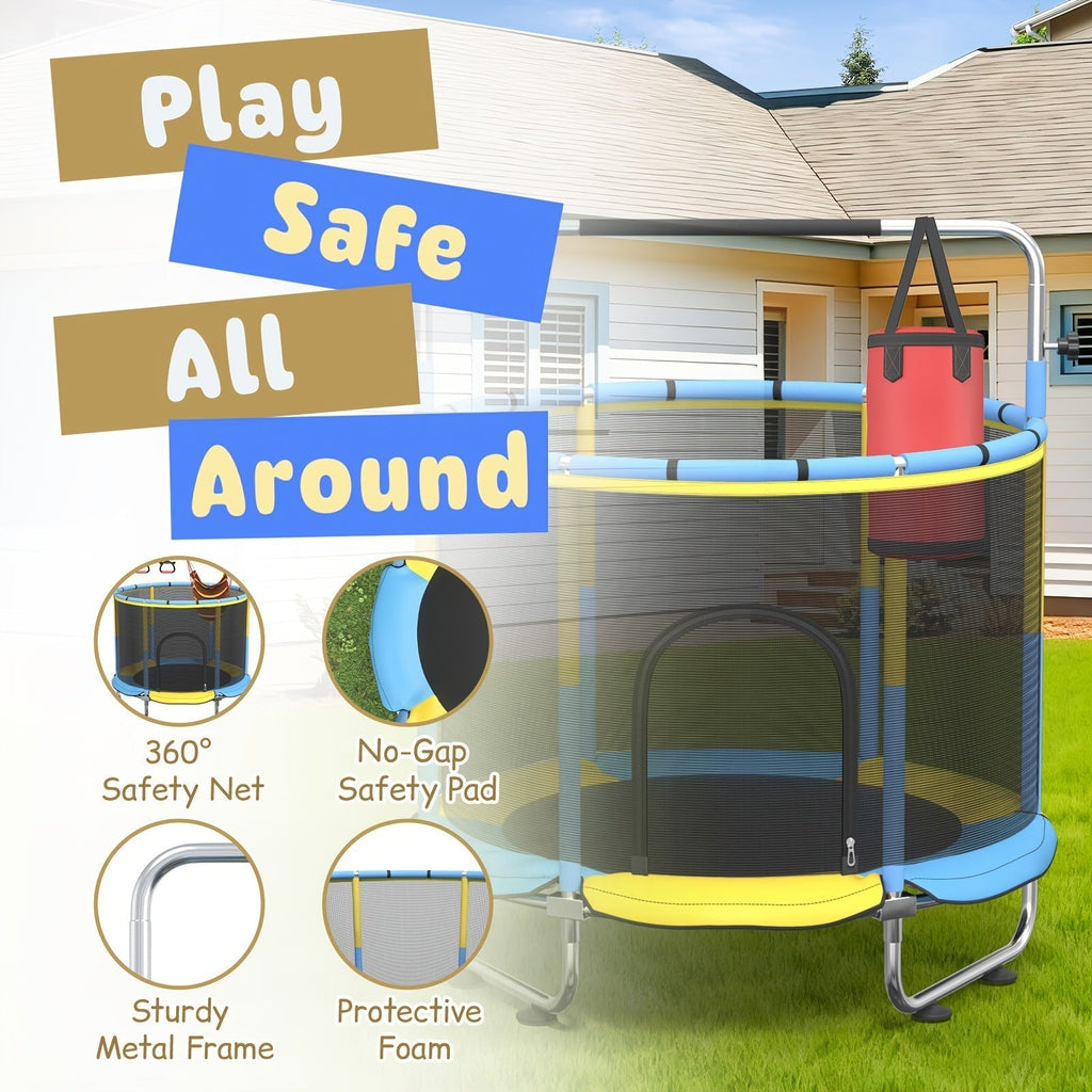 Kids & Adults Trampoline with Safety Enclosure Net, Multi-Functional Leisure Sports Trampoline, Indoor/Outdoor Backyard Jumping Mat, 6 Color Options, Fun Exercise Equipment for Family