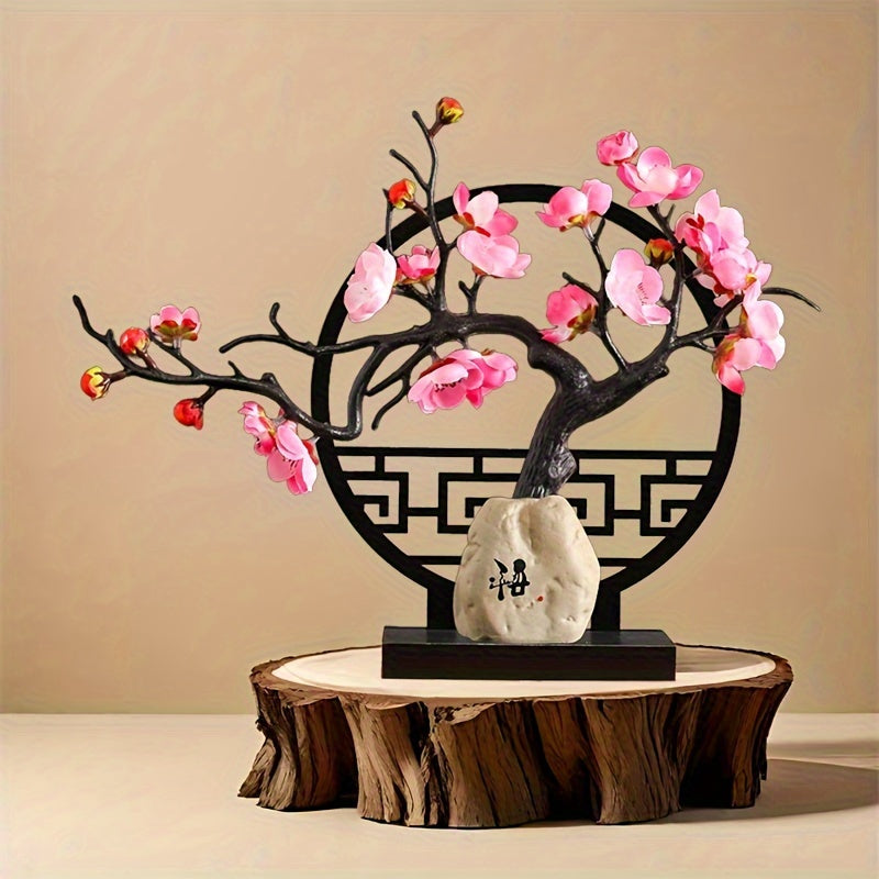 Chinese Artificial Plum Blossom Bonsai Set – Faux Flower with Ceramic Stone Vase & Screen Base for Indoor & Outdoor Dining Table & Office Desk Decor in Red White & Pink