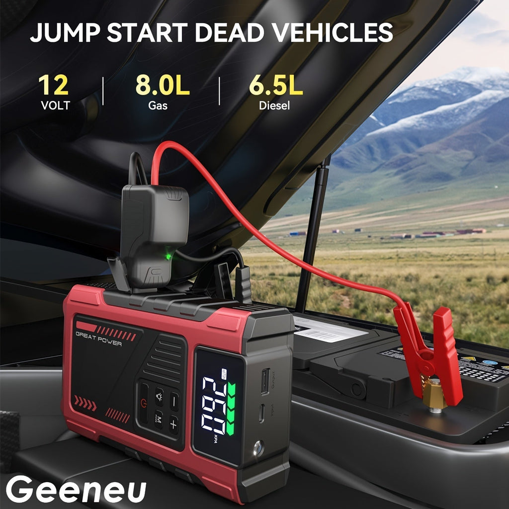 9-in-1 Portable Jump Starter with Air Compressor for 12V Vehicles (Up to 8.0L Gas / 6.5L Diesel) – Battery Booster Pack with Tire Inflator, USB Power Bank, LED Emergency Light & Roadside Kit