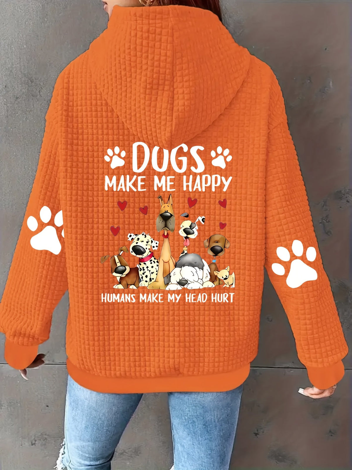 Women's Dog Print Zip-Up Hoodie, Waffle Knit Casual Sweatshirt with Drawstring and Geometric Pattern – 100% Polyester, Machine Washable, S-XXL, Pink/Black/Grey/Orange-Red