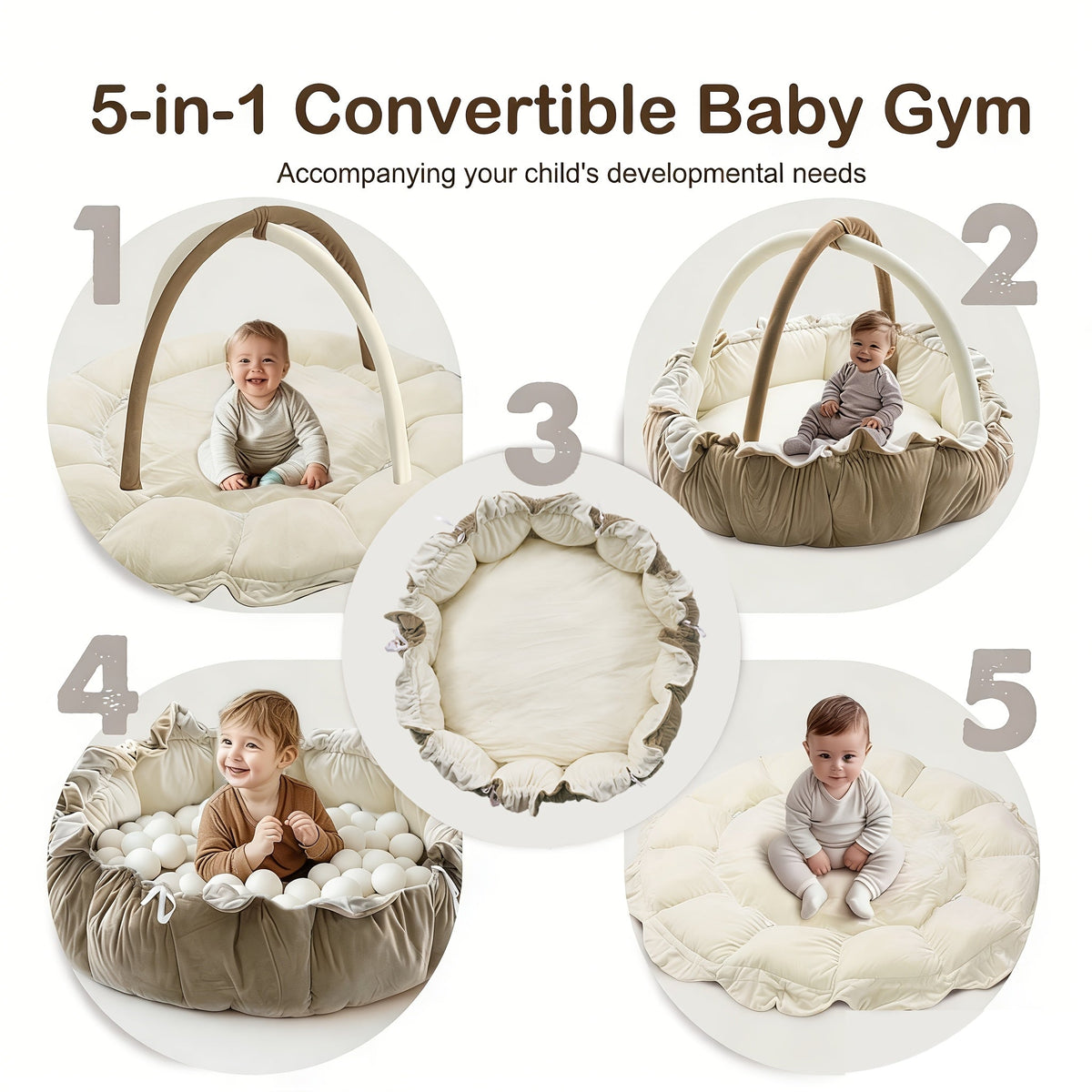 5-in-1 Baby Gym & Tummy Time Mat Thick Plush – Convertible Play Mat Ball Pit Pet Bed Floor Mat for Infants Toddlers Babies Stage-Based Developmental